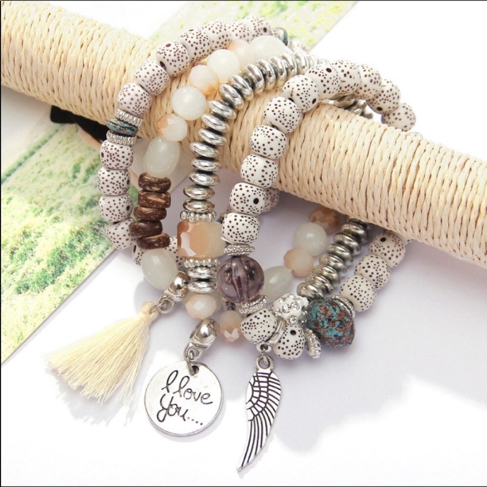 Boho Bead Stretch Stack Gypsy Tassel Bracelets